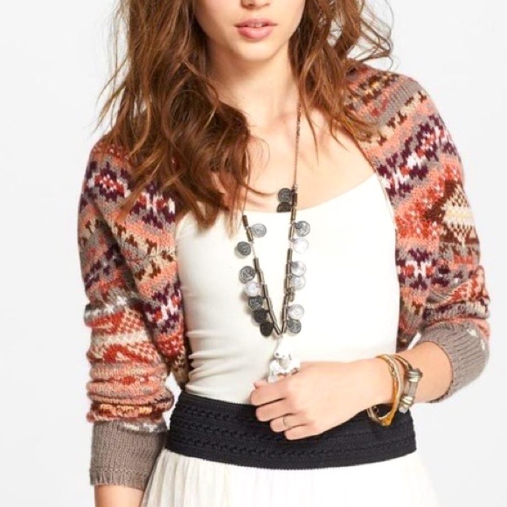 Free People Wool Boho Aztec Sweater Knit Shrug
